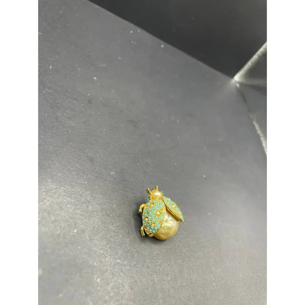 Vintage Gold Tone Ladybug Brooch Pin Turquoise Faux Pearl Beetle Insect Jewelry